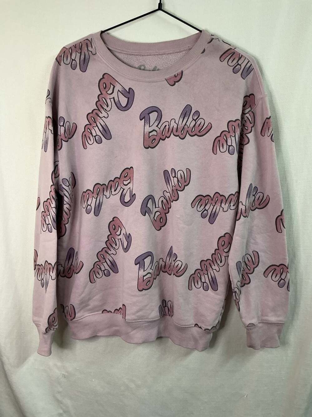 Hybrid Barbie Logo Print All-Over Graphic Pink Fleece Sweatshirt